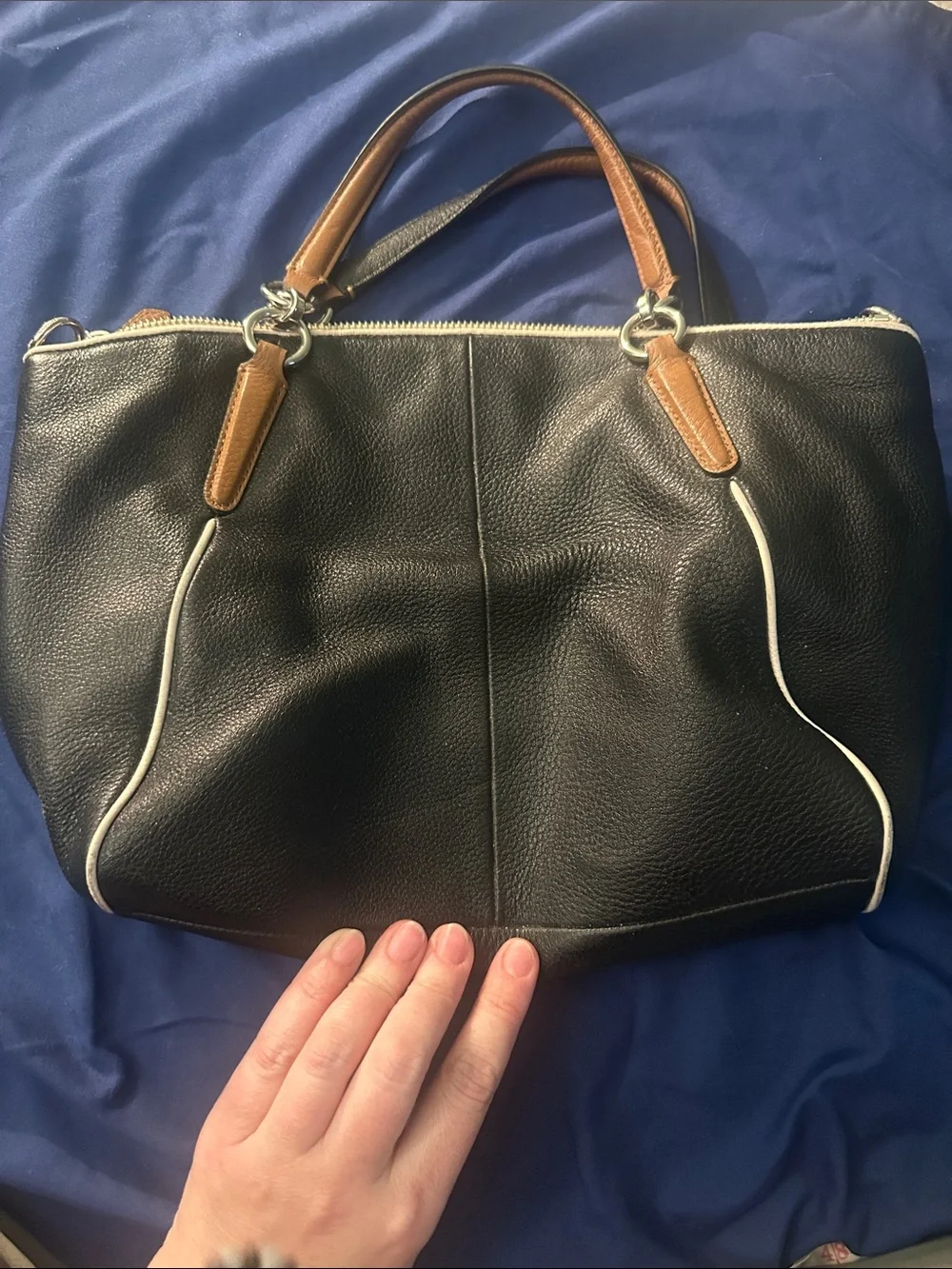 Coach Black Leather Hand Bag with Tan Handles and White Trim